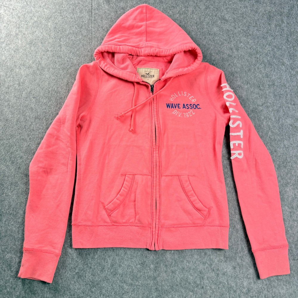 Hollister Women Sweatshirt M Coral Pink Wave Full Zip Hoodie Graphic Sleeve Logo